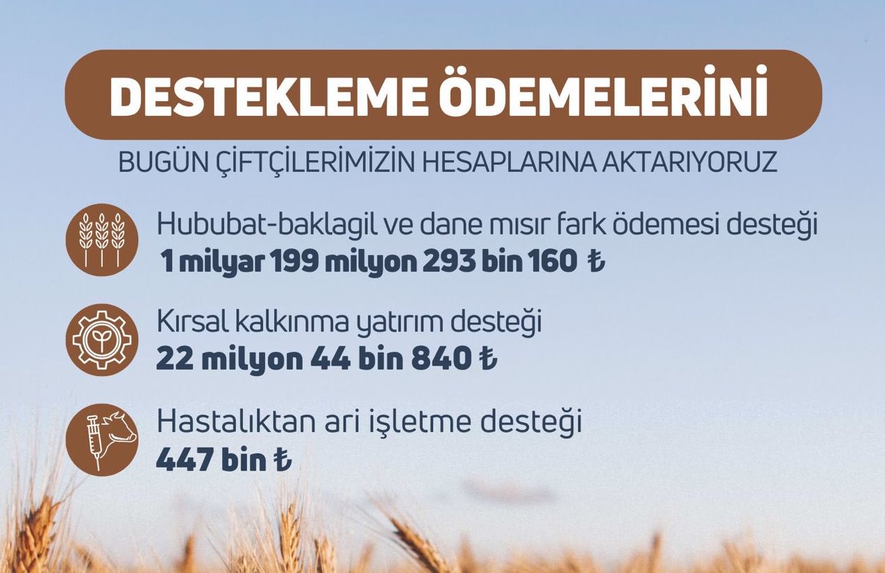Çiftçilere 1 milyar 221 milyon bin lira destekleme ödemesi bugün yapılıyor