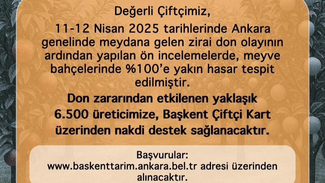 Ankara Büyükşehir'den, zirai dondan zarar görenlere destek